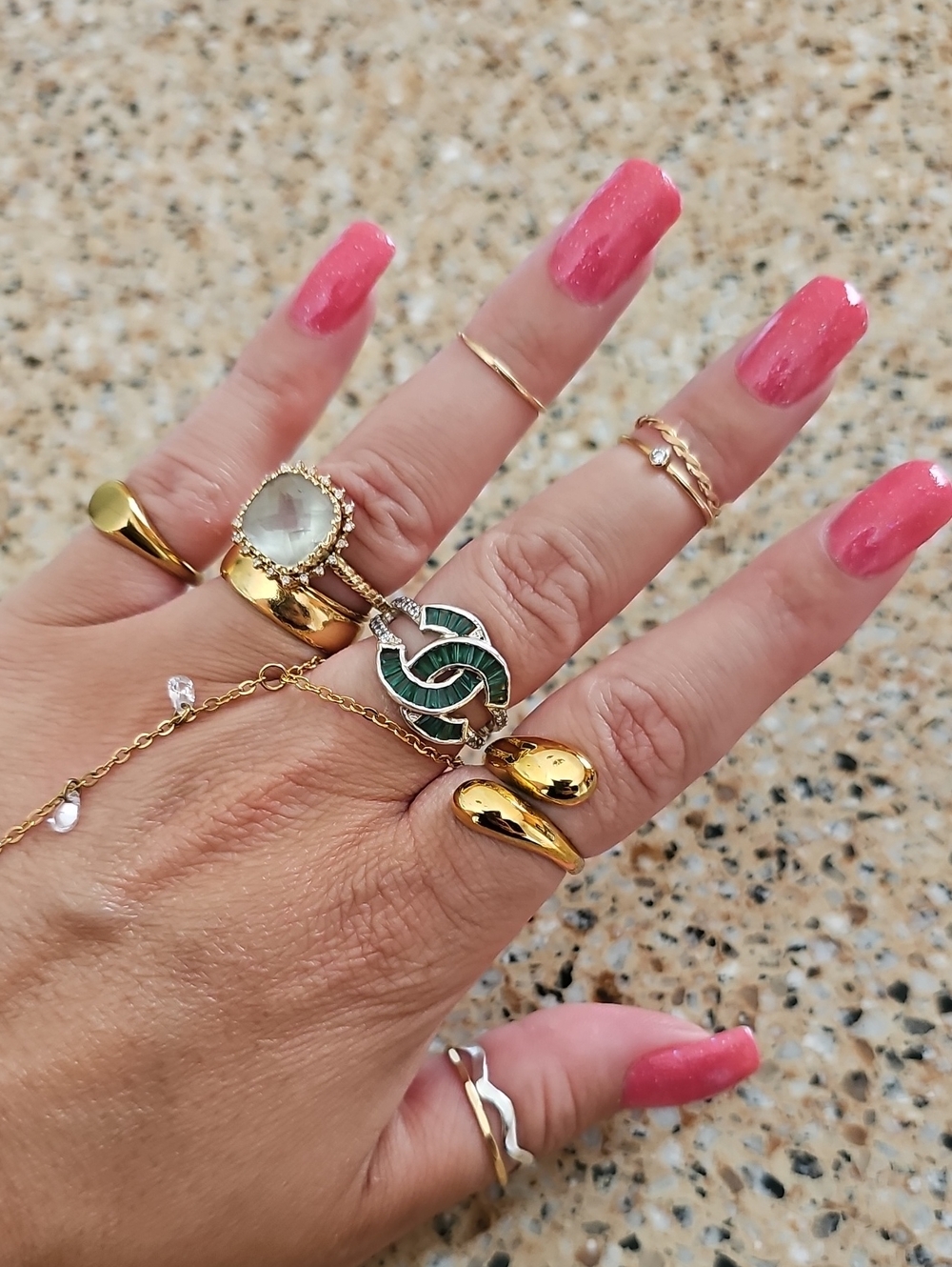Gold and Green Interlocking Statement Ring - Women Jewelry